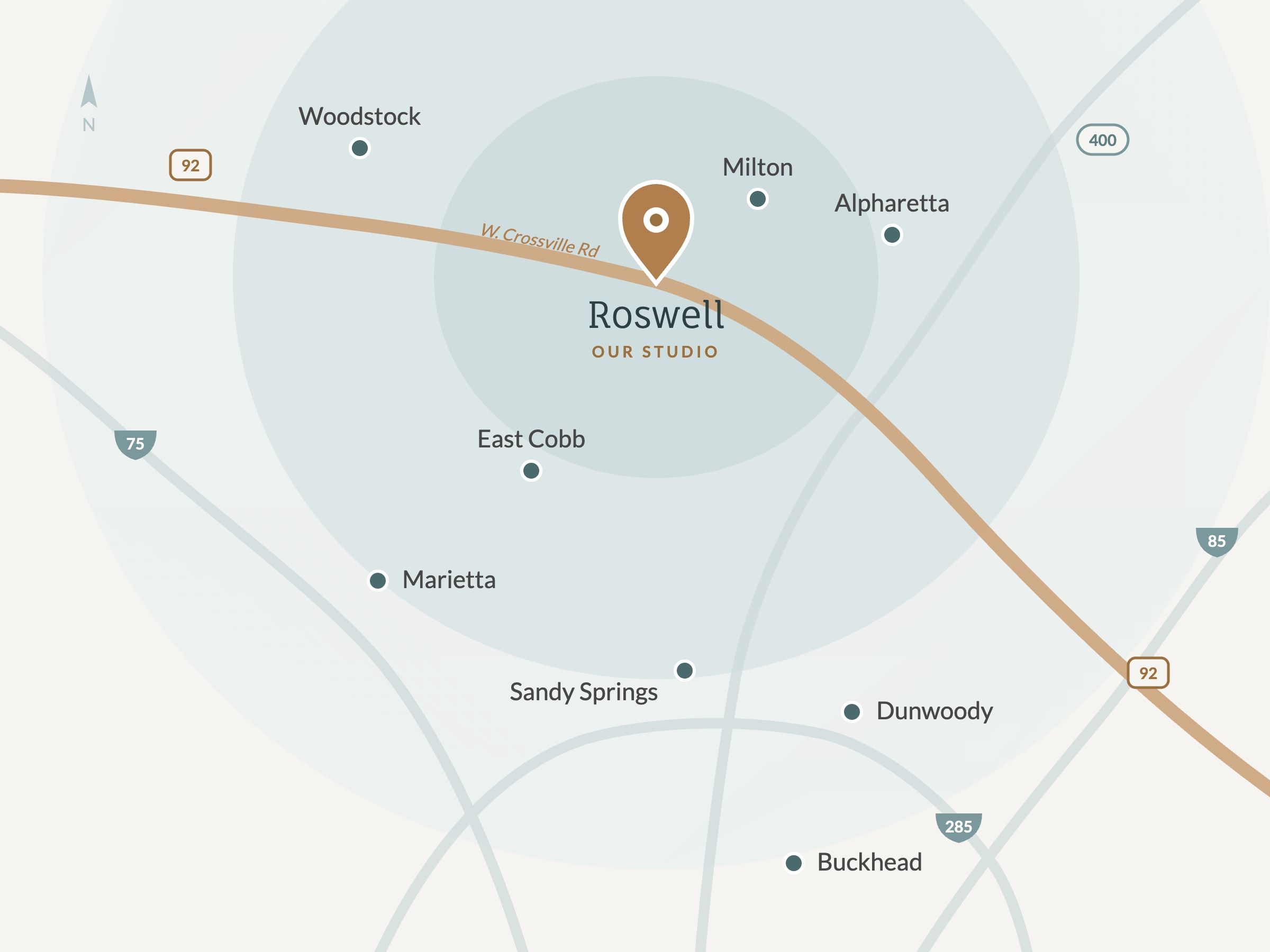 Map of the Wellspring Skincare service area: our Roswell practice with Alpharetta, Milton, Woodstock, East Cobb, Marietta, Sandy Springs, Dunwoody and Buckhead around it